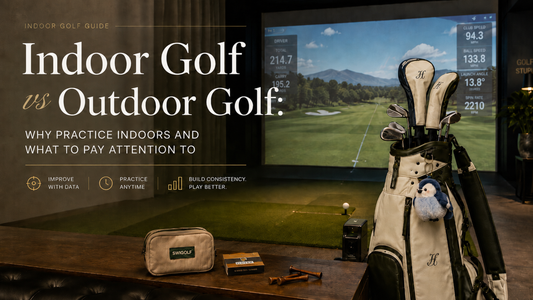 Indoor golf practice setup with a simulator, golf bag, tees, and stylish golf accessories