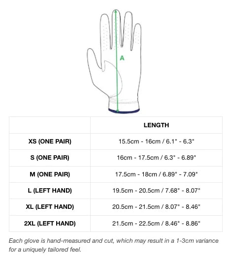 Guantes de golf de piel de cordero inspirados en el estilo retro de Loveland Size Chart