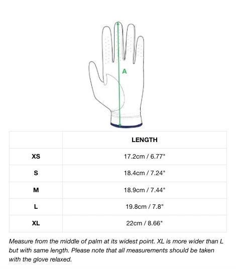 Women's Fingerless Golf Glove with Bow Accent Size Chart