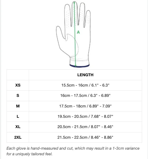 Guante de golf Loveland de piel de cordero blanca contra el grafiti Size Chart