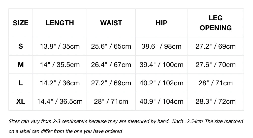Pantalones cortos entallados con paneles PSY Active Size Chart